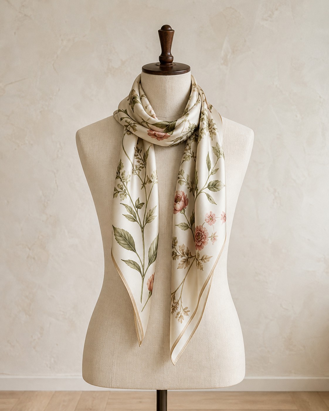 Botanical silk scarf represented with soft floral silk texture