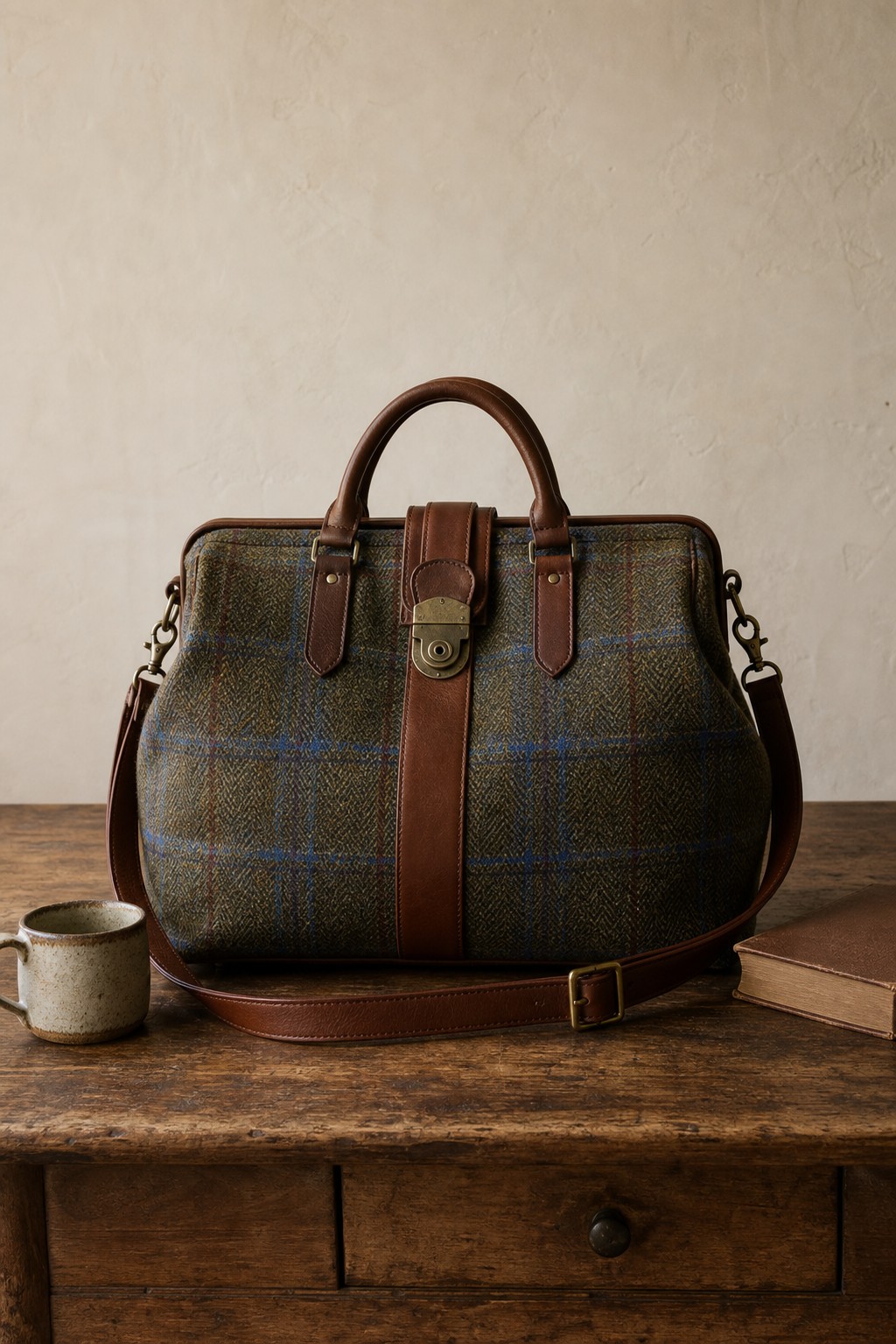 Olive, blue, and brown Harris Tweed doctor's bag with chestnut leather handles on an oak table